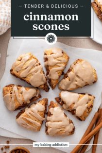 Overhead view of glazed cinnamon scones arranged in a circle. Text overlay includes recipe name.