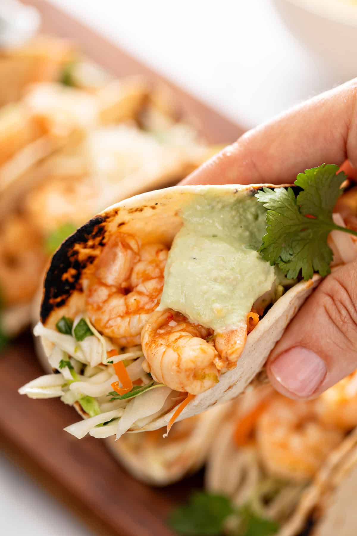 Hand holding up a shrimp taco topped with avocado crema and slaw.