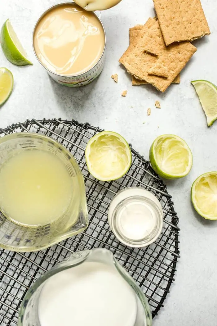 Overhead view of ingredients for key lime pie ice cream scattered on a marble countertop