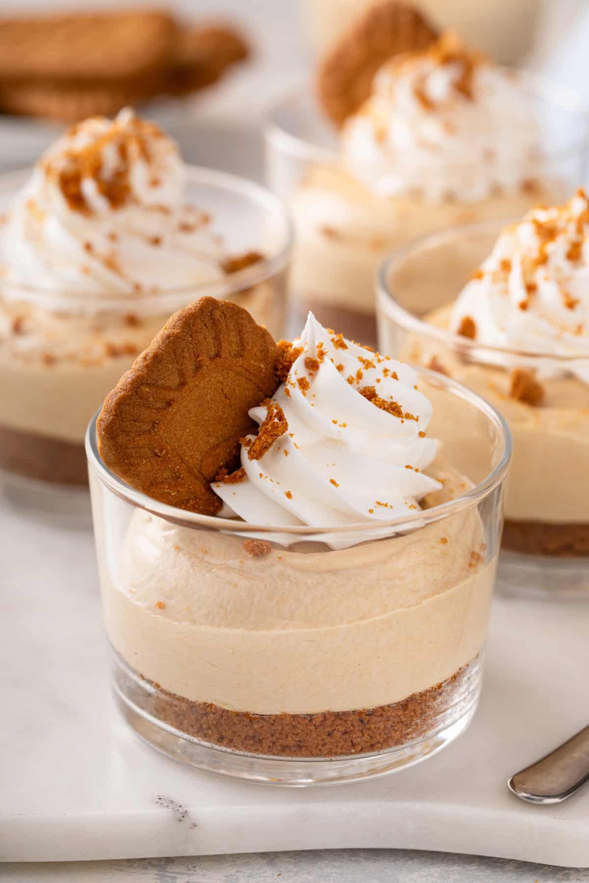 Close up of a glass ramekin filled with no-bake biscoff cheesecake and garnished with whipped cream and a biscoff cookie.