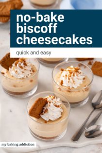 Four ramekins of no-bake biscoff cheesecake arranged on a marble board. Text overlay includes recipe name.