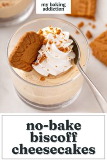 Spoon in a ramekin of no-bake biscoff cheesecake. Text overlay includes recipe name.