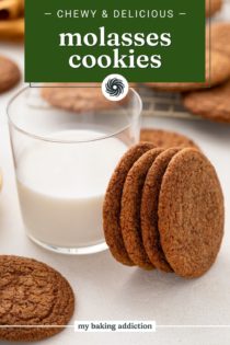 Four molasses cookies leaning against a glass of milk. Text overlay includes recipe name.