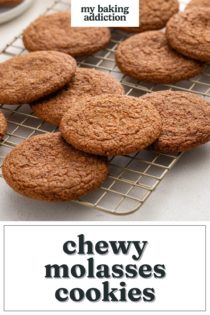 Molasses cookies scattered on a wire cooling rack. Text overlay includes recipe name.