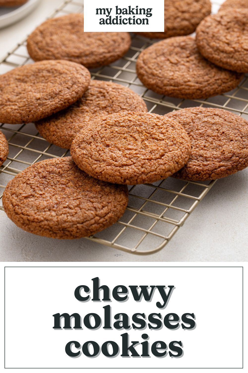 Molasses cookies scattered on a wire cooling rack. Text overlay includes recipe name.