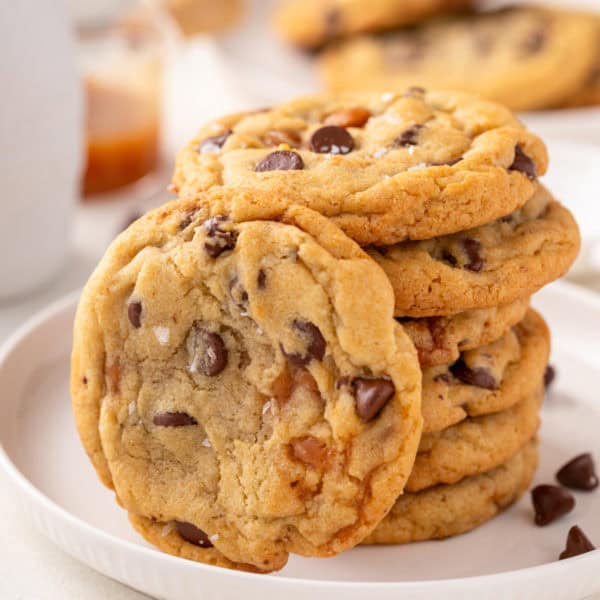Plated salted caramel chocolate chip cookies.