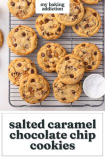 Salted caramel chocolate chip cookies arranged on a wire rack. Text overlay includes recipe name.