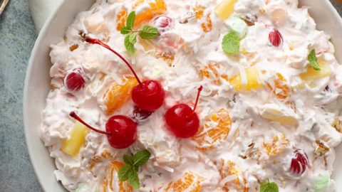 Overhead view of ambrosia salad in a serving dish