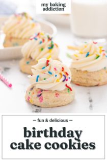 Three frosted birthday cake cookies arranged on a marble countertop with a plate of cookies in the background. Text overlay includes recipe name.