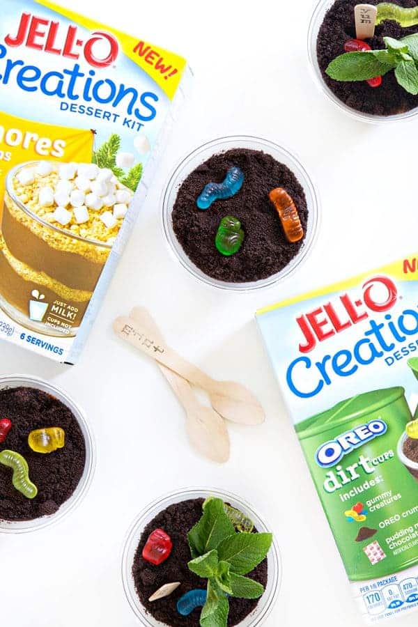 Jell-o Creations Dirt Pudding is so fun and easy! Everything you need is in one box - except the cups! The pudding mix, the cookie crumbs, and even the gummies!