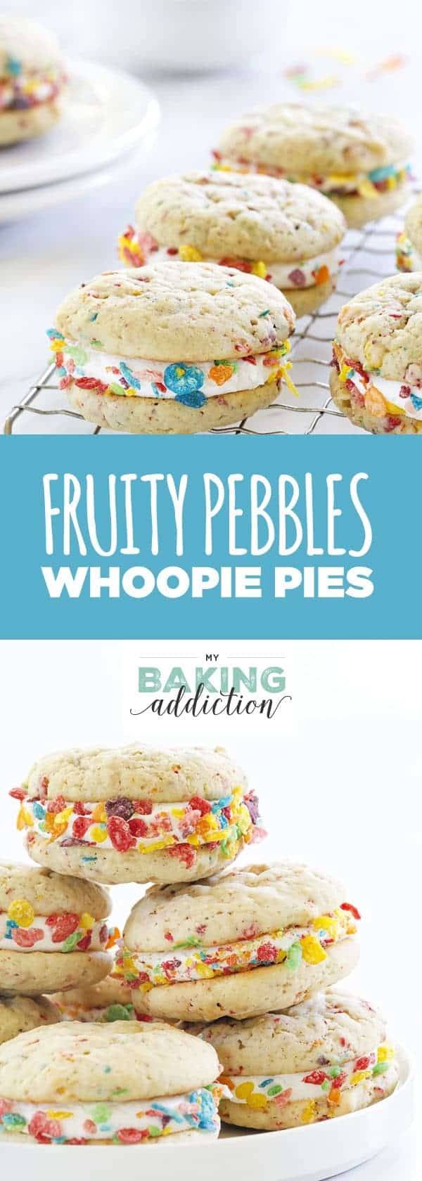 Fruity Pebbles Whoopie Pies are a delicious and fun spin on a classic dessert. The marshmallow buttercream is incredible!