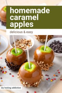 Caramel apples and bowls of assorted topping arranged on a countertop. Text overlay includes recipe name.