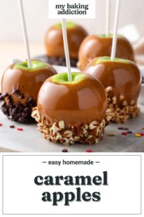 Caramel apples dipped in a variety of toppings on a marble board. Text overlay includes recipe name.