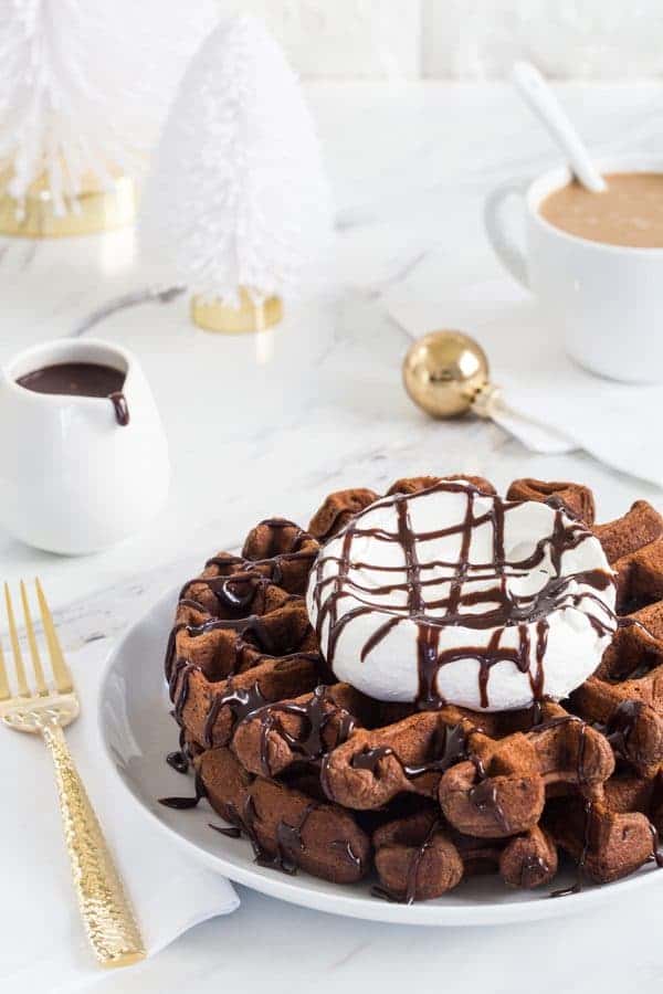 Chocolate Eggnog Waffles are a warm and cozy way to welcome the holiday season. Don't forget the whipped cream!