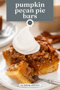 Fork cutting a bite from the corner of a plated pumpkin pecan pie bar. Text overlay includes recipe name.