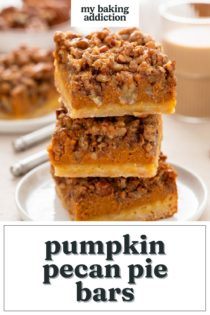 Three pumpkin pecan pie bars stacked on a white plate. Text overlay includes recipe name.