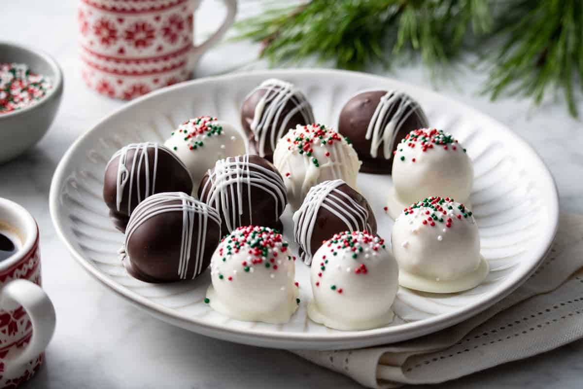 Close up of a white plate filled with white and dark chocolate-covered peanut butter balls.