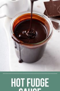 Spoon drizzling hot fudge sauce back into a jar of the sauce. Text overlay includes recipe name.