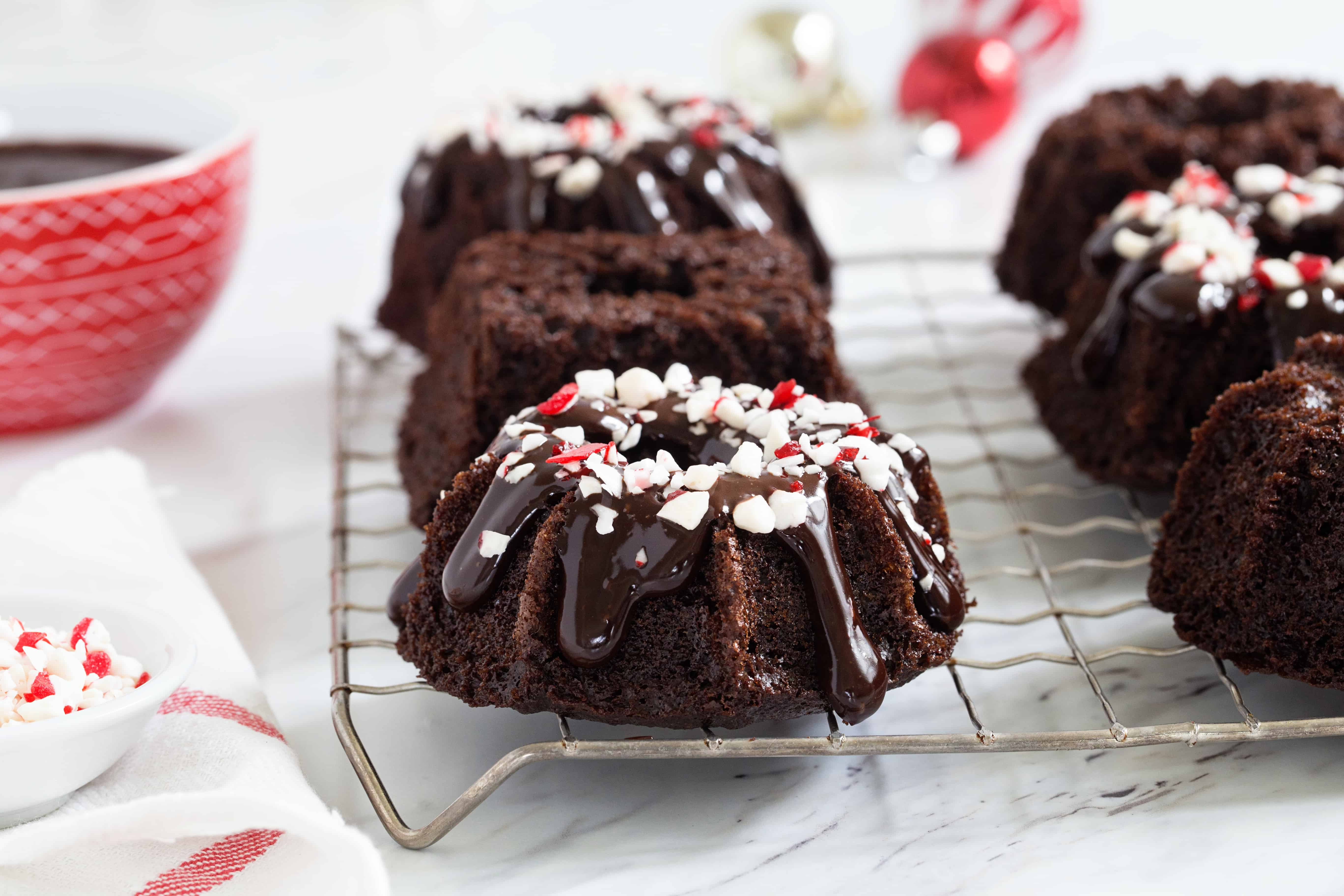 Chocolate Peppermint Mini Bundt Cakes are a fun and delicious dessert for any holiday party. So festive!