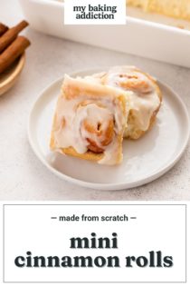 Two mini cinnamon rolls on a white plate. Text overlay includes recipe name.