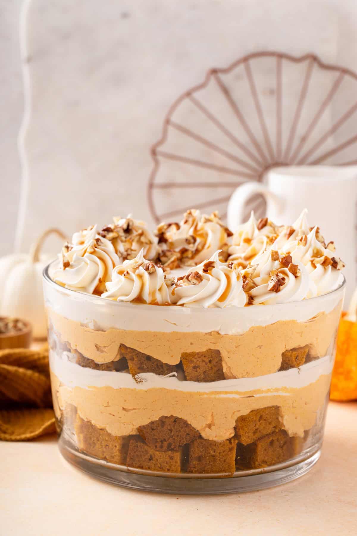 Side view of pumpkin trifle in a trifle dish, ready to be served.