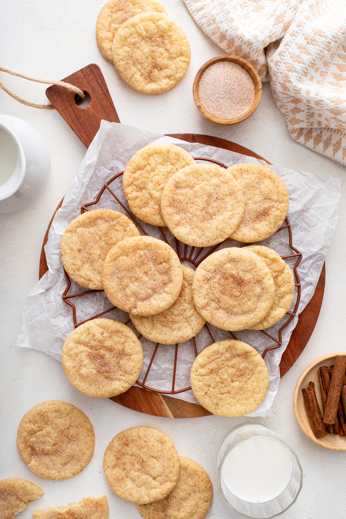 Overhead view of easy snickerdoodle cookies cooling on a wire rack.