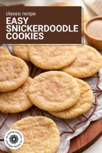 Easy snickerdoodle cookies scattered on a wire rack. Text overlay includes recipe name.