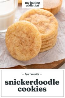 Stack of easy snickerdoodle cookies next to a glass of milk. Text overlay includes recipe name.