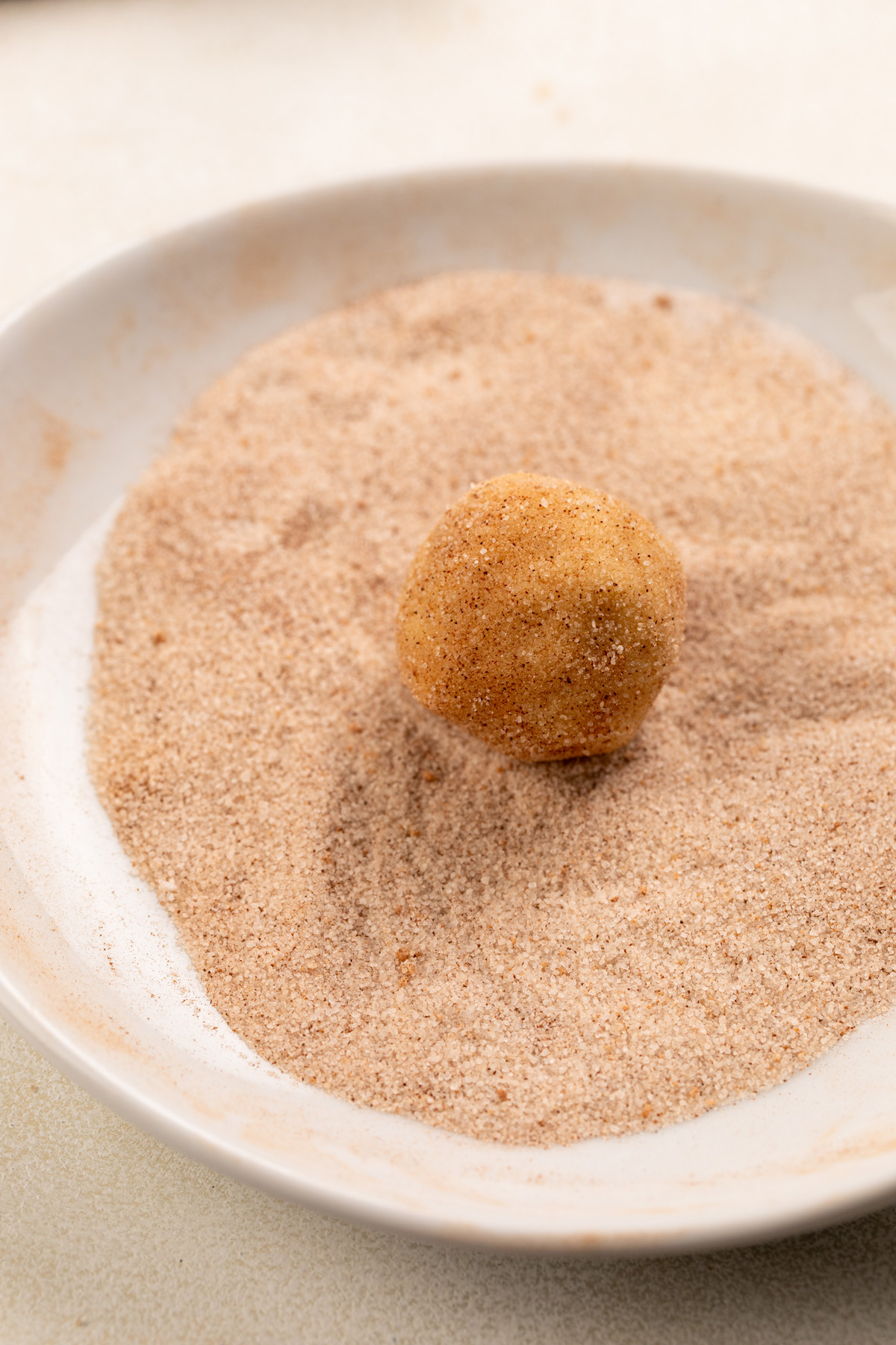 Ball of snickerdoodle cookie dough rolled in cinnamon sugar.