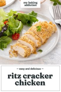 Sliced ritz cracker chicken arranged next to a side salad on a white plate. Text overlay includes recipe name.