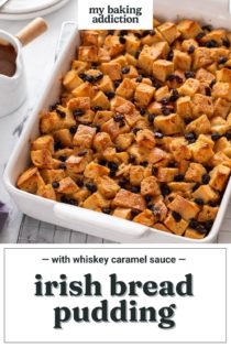 White baking dish filled with baked irish bread pudding. Text overlay includes recipe name.