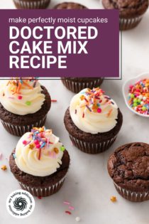 A mix of frosted and unfrosted chocolate cupcakes scattered on a countertop. Text overlay includes recipe name.