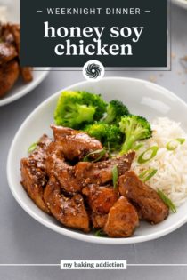 Close up of honey soy chicken, broccoli, and rice in a white bowl. Text overlay includes recipe name.