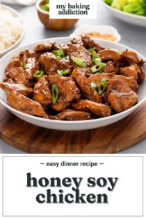 White serving bowl filled with honey soy chicken. Text overlay includes recipe name.