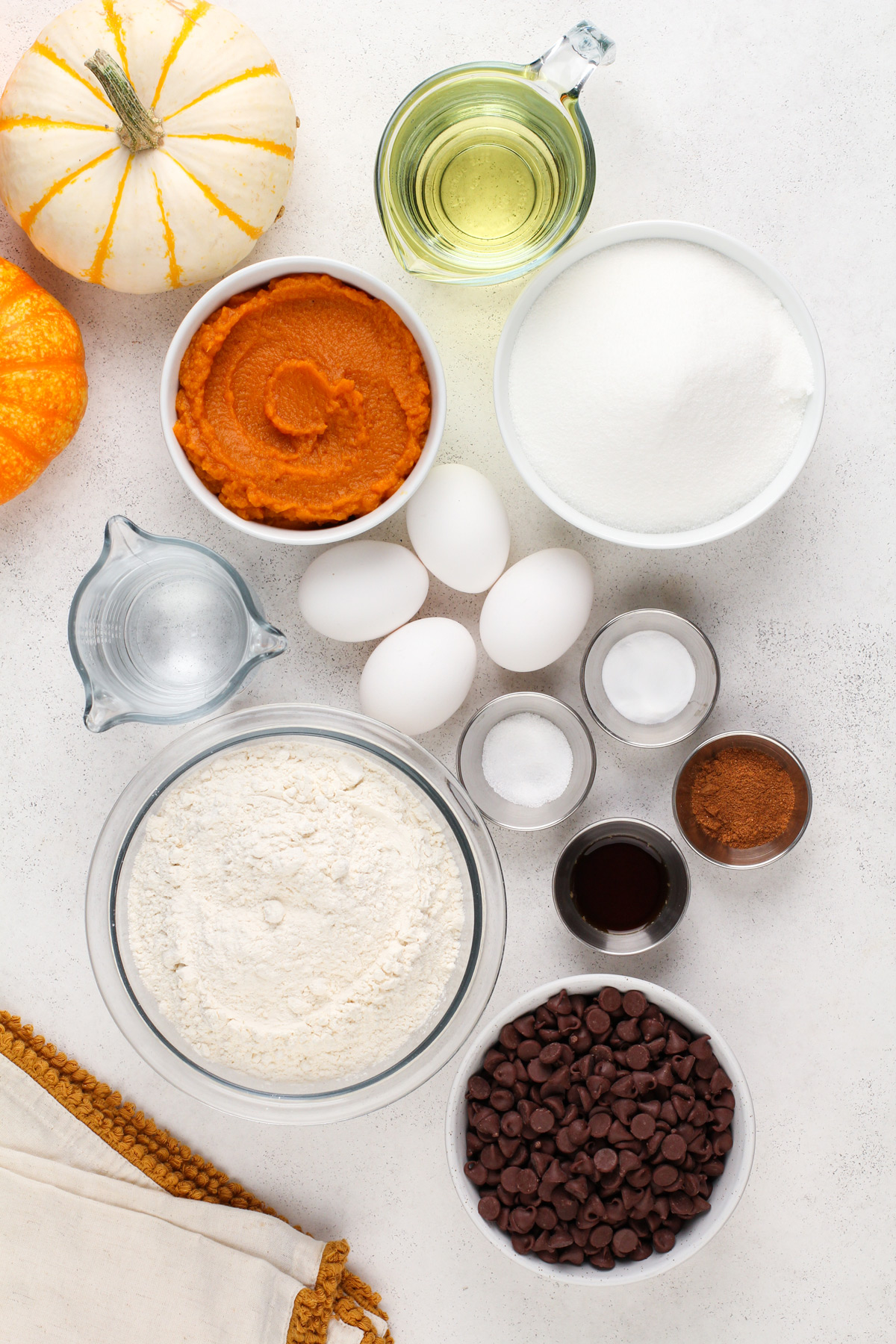 Ingredients for chocolate chip pumpkin bread arranged on a countertop.