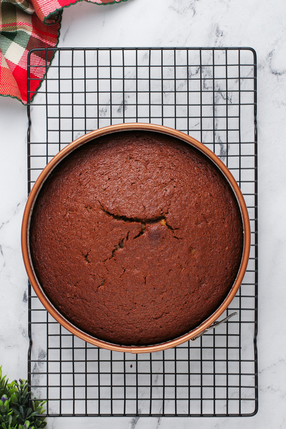 Baked gingerbread cake cooling on a wire rack.