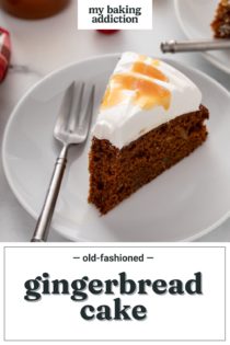 Slice of gingerbread cake with a bite taken from the end on a white plate. Text overlay includes recipe name.