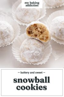 Snowball cookie with a bite taken out of it resting on top of another cookie. Text overlay includes recipe name.