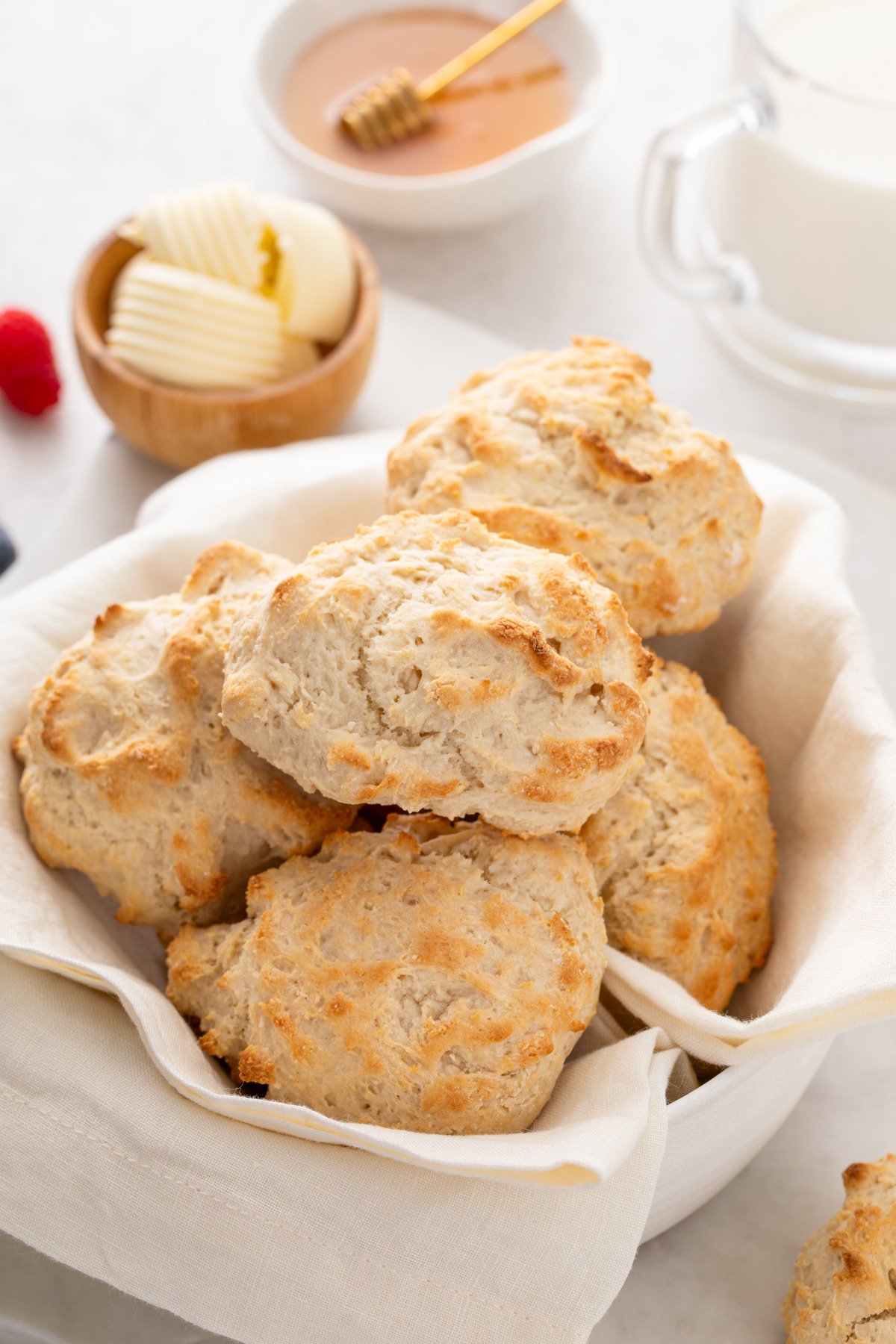 Bisquick biscuits in a bread basket.