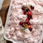 Overhead view of cranberry fluff in a white serving dish