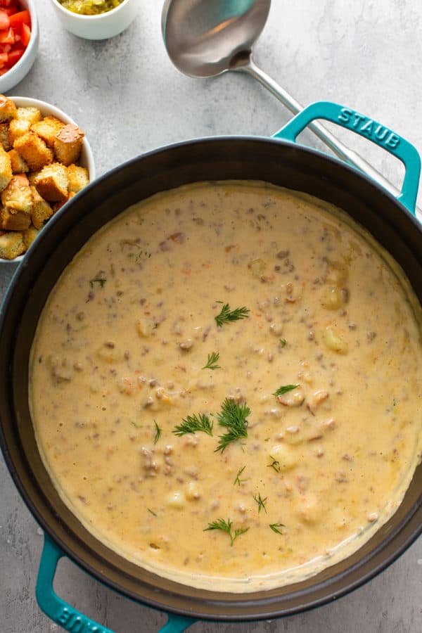 Cheeseburger Soup with Hamburger Bun Croutons - My Baking Addiction