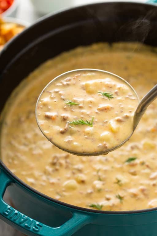 Cheeseburger Soup with Hamburger Bun Croutons - My Baking Addiction