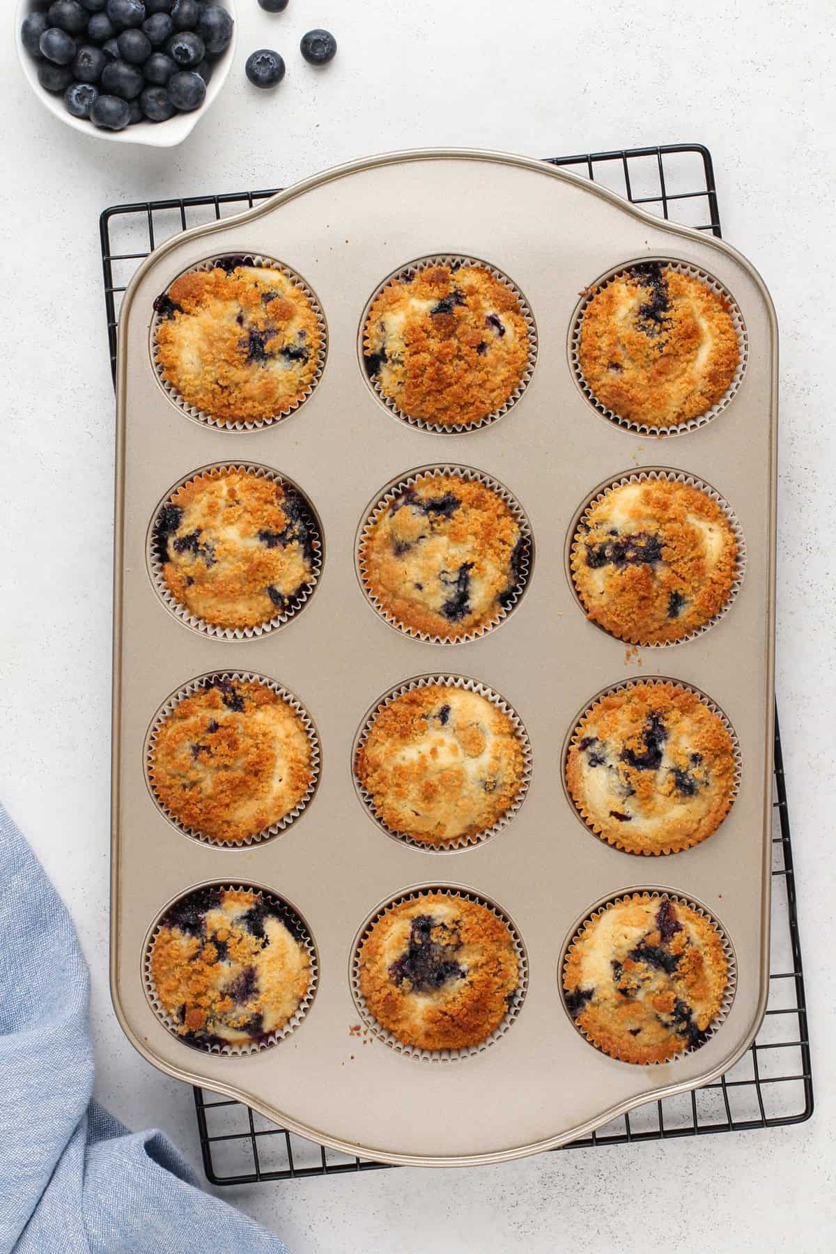 Baked bisquick blueberry muffins in a muffin tin set on a wire cooling rack.