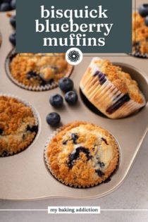 Close up of cooled biquick blueberry muffins arranged in a muffin tin. Text overlay includes recipe name.