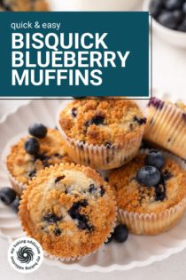 Several bisquick blueberry muffins arranged on a white platter. Text overlay includes recipe name.