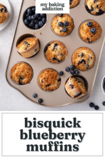 Overhead view of cooled bisquick blueberry muffins arranged with fresh blueberries in a muffin tin. Text overlay includes recipe name.