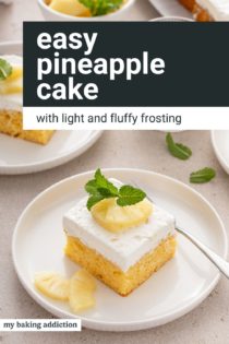 Several plated slices of easy pineapple cake around a glass of milk. Text overlay includes recipe name.