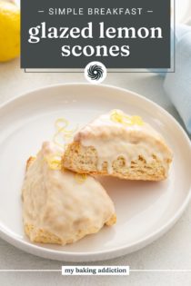 Two plates each holding two lemon scones on a countertop. Text overlay includes recipe name.