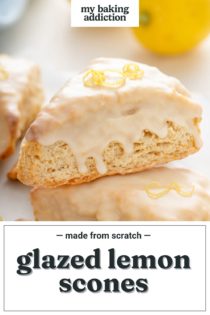 Close up of a glazed lemon scone stacked on top of a second scone. Text overlay includes recipe name.