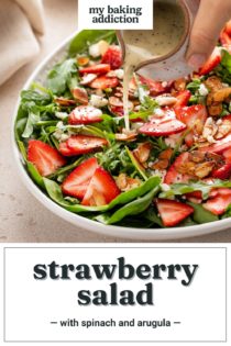 Poppy seed dressing being poured over strawberry salad in a serving bowl. Text overlay includes recipe name.